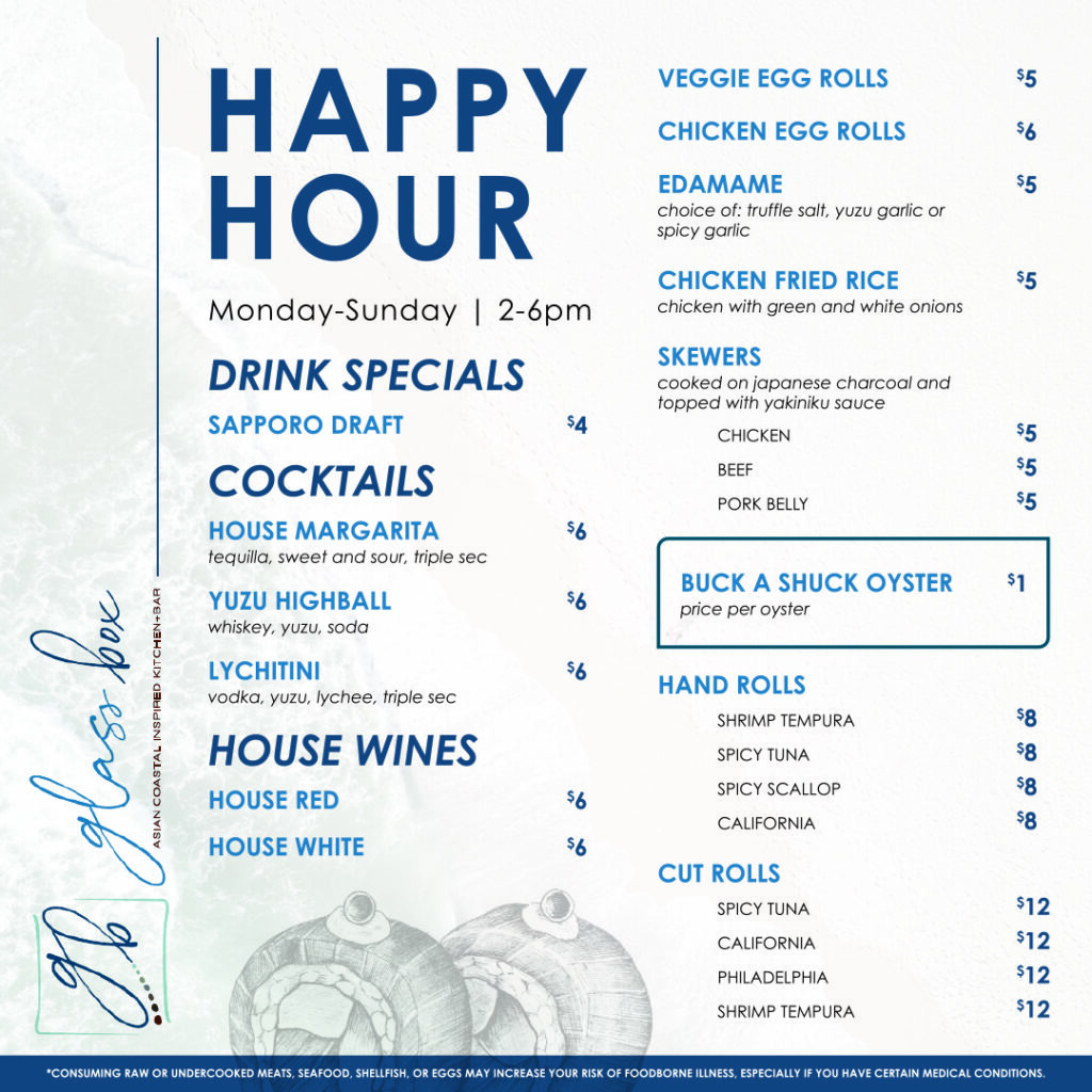 image of the happy hour menu for Glass Box Del Mar